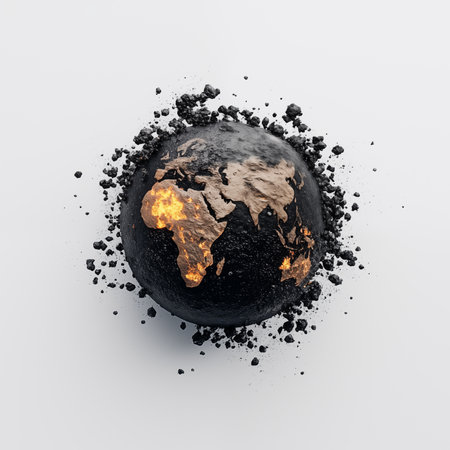 Earth as a dark glowing ball with gas explosion, fiery flares symbolize the ecological crisis through burning effect on the continents. Concept of global warming, war, destruction.の素材