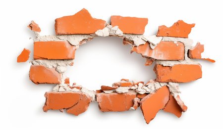 A hole smashed through brick wall, symbolizes breakthrough, challenge, and the removal of obstacles with its rugged, impactful depiction. Space for your text on white background.の素材