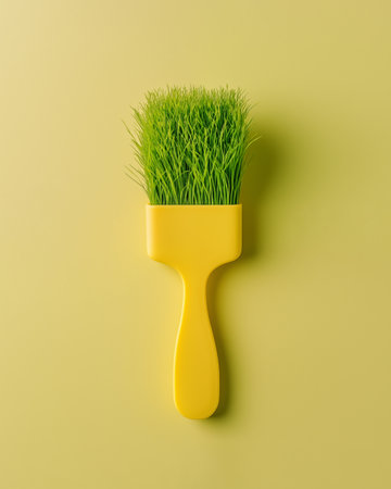 A creative scene featuring a bright yellow paintbrush with vibrant green grass replacing its bristles, set against a soft yellow background, symbolizing nature blending with art.の素材
