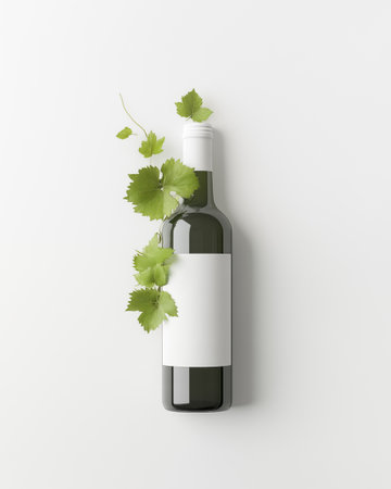 Wine bottle with blank label and vine leaves, white background. Minimal concept. Winery business, wine packaging, vineyard and viticulture, alcoholic beverages. Top view, flat lay.の素材