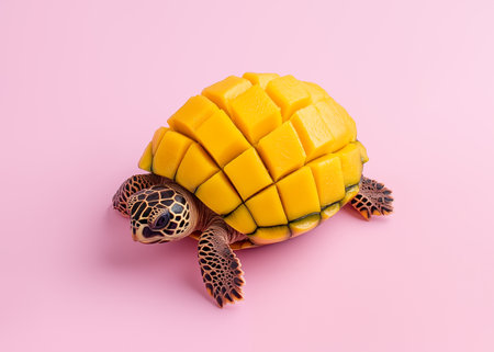 Shell of tortoise transformed into diced mango segments, against soft pink background, symbolizing tropical beach food. Slow effect of weight loss fruit diet. Minimal concept.の素材