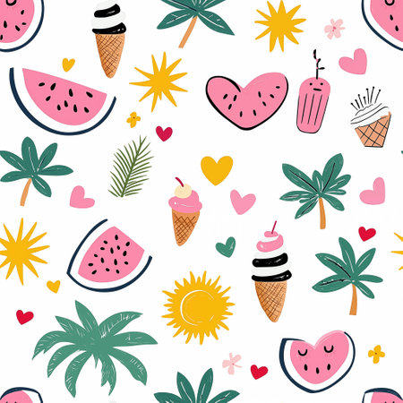 Palm trees, ice cream, sun, watermelon slices, hearts on white background. Decorative summer wallpaper in seamless pattern print style. Concept of vacation, tourism, beach holiday.の素材