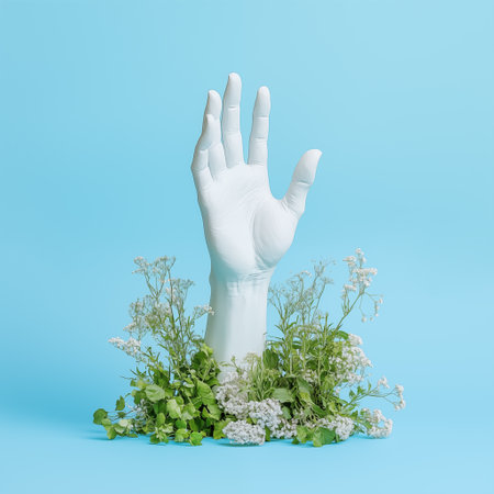 White sculpted hand emerges from lush plants and flowers isolated on pastel blue background. Concept of natural healing, environment, connection humans and nature. Help symbol.の素材