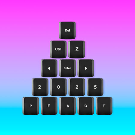 Black keyboard keys with words peace 2025 in the shape of Xmas tree isolated on vibrant pink gradient background. Abstract New year communication concept. Creative christmas card.の写真素材