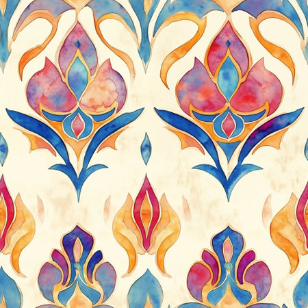 Abstract symmetrical floral ornament in the style of watercolor hand painted illustration. Vibrant colors. Fabric, wallpaper or tile print fashion. Seamless indian mughal pattern.の素材