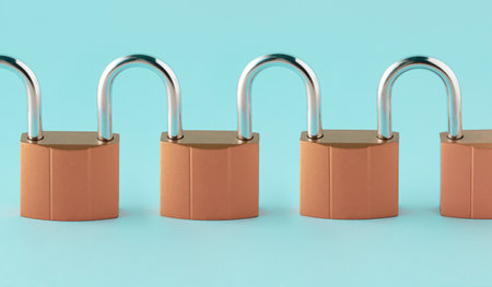 A row of mutual closed padlocks isolated on pastel blue background. Creative abstract concept of safeness from hackers, togetherness, security from cyber attack, online protection,の写真素材