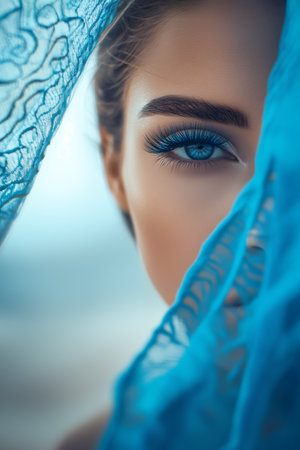 Close-up portrait of eastern mysterious beautiful young brunette woman with blue eyes, and her face partially covered by a flowing blue veil. Concept of beauty, make-up or fashion.の素材