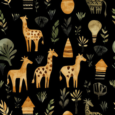 Cute watercolor giraffes isolated on black background. Natural African texture of printed textile. Seamless pattern. Decorative fabric or wallpaper fashion with wild animal theme.の素材