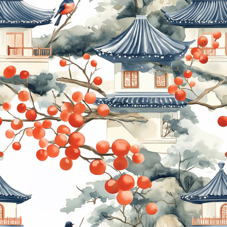 Seamless decorative traditional landscape pattern with Chinese or Japanese houses, birds, trees, red berries. Asian watercolor illustration. Concept of fabric or wallpaper print.の素材