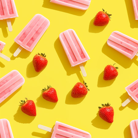 Vibrant playful seamless pattern with pink popsicles and fresh strawberries on bold yellow background. Fun, summer fruit aesthetic with strong contrasts, minimalism. Food concept.の素材
