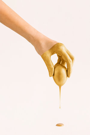 Golden hand holds golden egg with dripping paint isolated on pastel white background. Minimal creative artistic concept, symbolizing Easter holiday, luxury, design, transformation.の素材