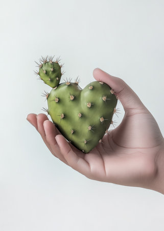 Heart shaped green prickly pear cactus in man's hand, isolated on pastel white background. Minimal concept of love, valentine, ecology, emotions, resilience, strength, adaptation.の素材