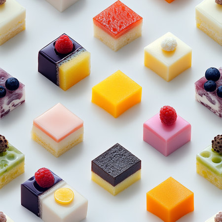 Multicolored mini cakes, vibrant layers, decorated with raspberries, blueberries, citrus fruits on white background. Dessert advertising concept, food design seamless pattern.の素材