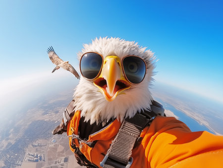 Eagle in aviator goggles and orange suit takes selfie during skydive with bird in background clear blue sky and landscape below. Humorous surreal concept of adventure and freedom.の素材