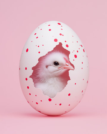 Partially cracked Easter egg with red dots and fluffy chick emerging. Soft pink background. Life symbol. Minimal concept of Christian holiday, new beginnings, renewal, creativity.の素材