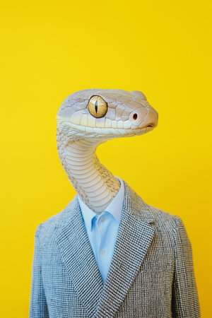 Snake in formal business suit. Surreal portrait, yellow background. Minimal concept of cunning, ambition, adaptability, manipulation, corporate ethics, strategy, professionalism.の素材
