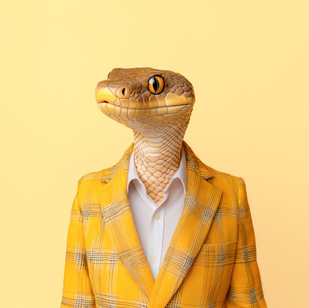 Snake in yellow jacket and white shirt. Surreal portrait, bright background. Minimal concept of business ethics, cunning, ambition, adaptability, or manipulation. Snake metaphor.の素材