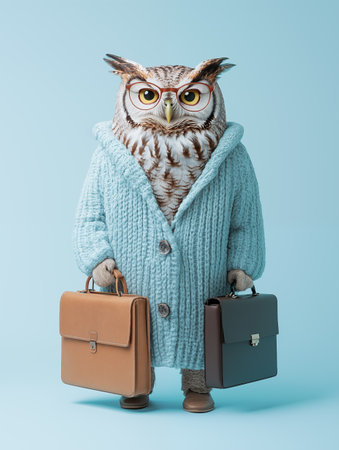 Owl dressed as lawyer, wearing cozy blue knitted coat, holding two briefcases full of legal documents, light blue background. Surreal humorous concept wisdom, and professionalism.の素材