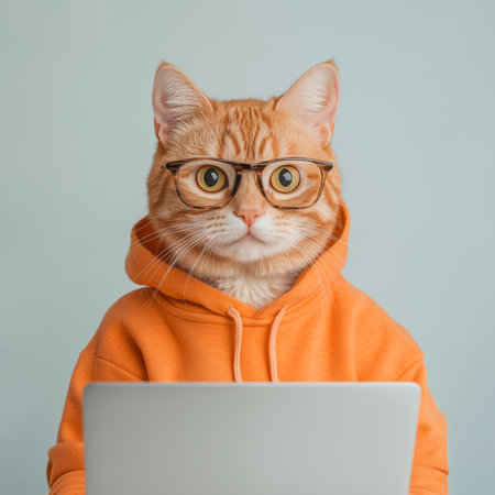 Cute ginger cat in orange hoodie and glasses with laptop, pastel grey background. Minimal humorous concept of remote online work, freelance, digital technology, internet business.の素材