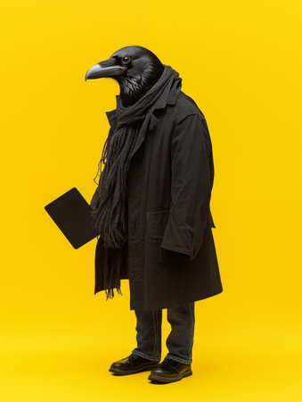 Anthropomorphic raven in dark coat and scarf with notebook on vibrant yellow background. Noir aesthetics. Minimal surreal concept of mystery, intelligence, journalism, secrecy.の素材