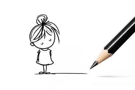 Hand-drawn girl standing next to real pencil, symbol of learning creativity, imagination, artistic process, connection between art and reality, drawing school. Minimal concept.の素材