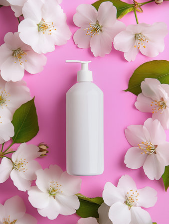 Blank cosmetic bottle dispenser mockup and white cherry blossom flowers, isolated pink background. Top view, flat lay. Minimal concept of skincare, natural beauty, self-care, spa.の素材