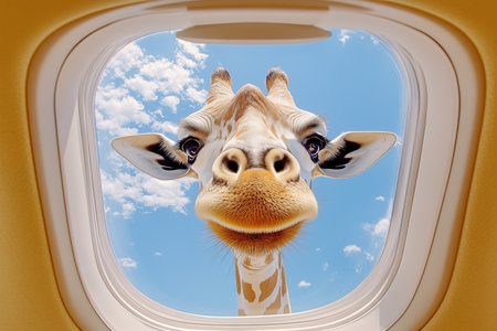 Giraffe looking curiously through an airplane window against a bright blue sky with clouds. Funny, surreal, humorous, imaginative, vacation concept combining wildlife and aviation.の素材