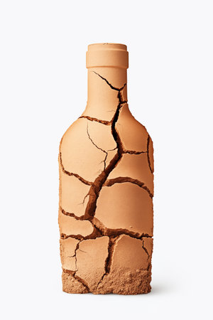 Cracked clay bottle resembling dry earth isolated on white background, symbolizing drought, fragility, and environmental issues. Texture contrast. Minimal climate change concept.の素材