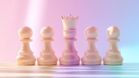 Chess pieces in soft pastel lighting, with central pawn transformed into queen, isolated pink gradient background. Minimal concept, symbol of growth, transformation, leadership.の素材
