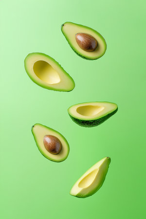 Avocado pit and slices levitate above pastel green background. Minimal concept of healthy food or tropical agriculture. Fruit rich in healthy fats, fiber, potassium, vitamins.の素材