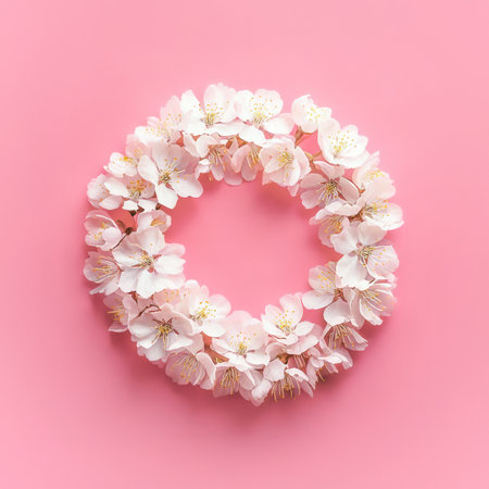 White cherry blossoms arranged in circular wreath, pastel pink background. Minimal flat lay, top view, floral card concept. Symbol of spring, renewal, blooming. Copy space for textの素材