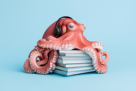 Realistic student octopus with headphones resting on stack of books against light blue background. Concept of education, multitasking, deep learning, and analytical thinking.の素材