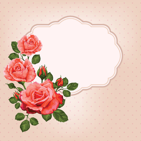 Retro floral greeting card with roses, frame and polka dot backgroundのイラスト素材