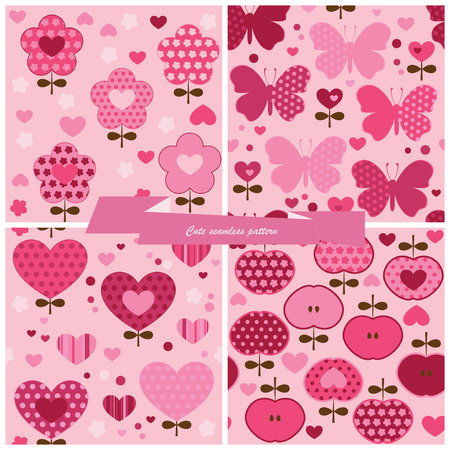 Set seamless pattern flower, hearts, apples and butterfly のイラスト素材