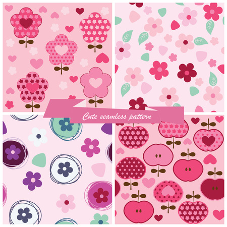 Set seamless pattern flowers and applesのイラスト素材