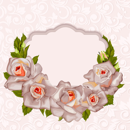 Card with roses and frame.   Wedding card or invitation with abstract floral ornament.のイラスト素材