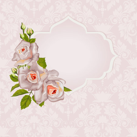 Card with roses and frame. Floral background.  Wedding card or invitation with abstract floral ornament.のイラスト素材