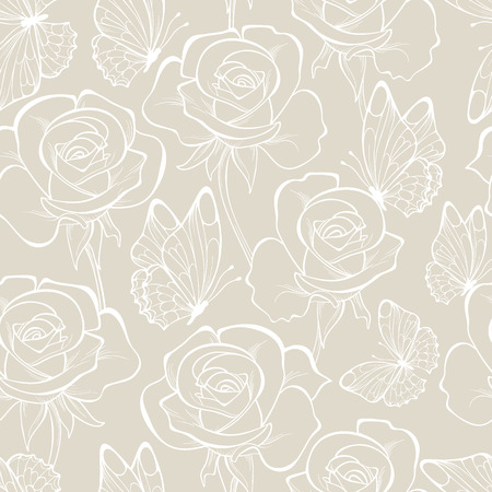 Seamless pattern with flowers and butterfly . Floral ornament. Hand-drawn contour lines and strokes.のイラスト素材