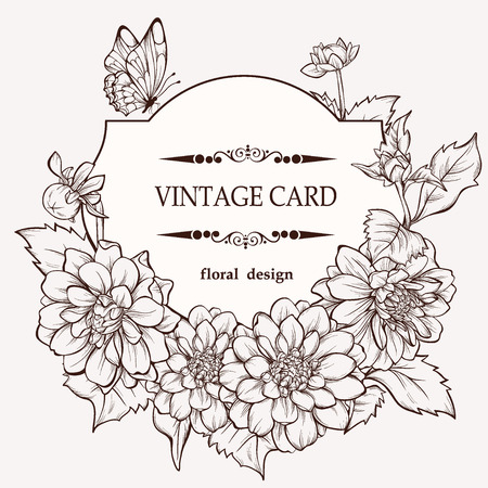 Vintage elegant vector card with a bouquet of dahlia flowersのイラスト素材