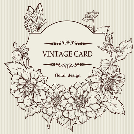 Vintage elegant vector card with a bouquet of dahlia flowersのイラスト素材