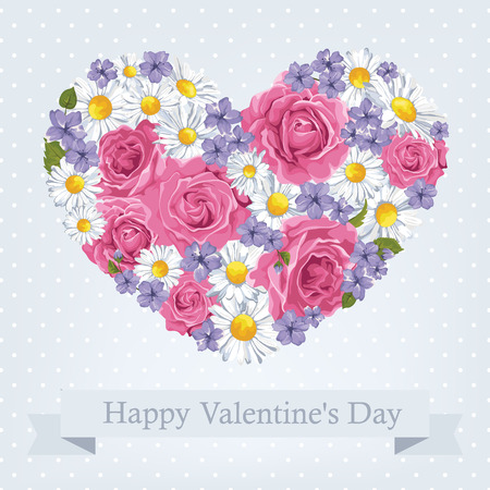 Floral abstract heart of roses and chamomiles for Valentine\'s dayのイラスト素材