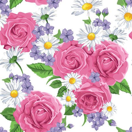 Seamless wallpaper pattern with pink roses and camomile on design background, vector illustration.のイラスト素材