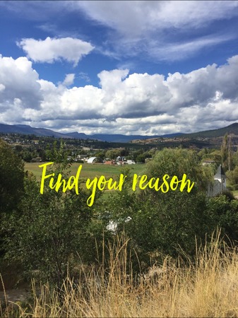 Inspirational text on scenic countryside landscape. Yellow font. Find your reason.の写真素材