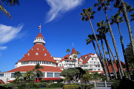 Coronado, San Diego, California, USA - February 4, 2018 - Hotel del Coronado on Coronado Island. Hotel del Coronado is a beachfront historic hotel that was opened in 1888 and is a National Historic Landmark.のeditorial素材