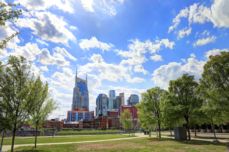 Nashville, Tennessee, USA - April 27, 2018: Downtown Nashville, Tennessee, The Music City, seen at dusk from The Cumberland River.のeditorial素材
