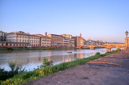 June 6, 2019 - Florence, Italy - A view of Florence, along the Arno River, in the Tuscany region of Italy at sunset.の写真素材