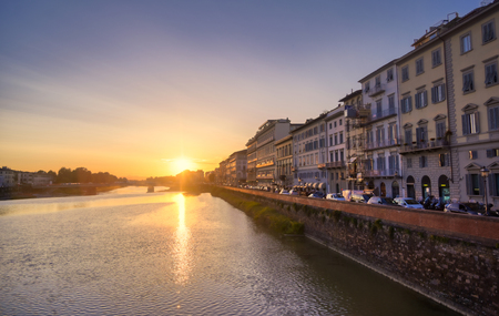 June 6, 2019 - Florence, Italy - A view of Florence, along the Arno River, in the Tuscany region of Italy at sunset.のeditorial素材