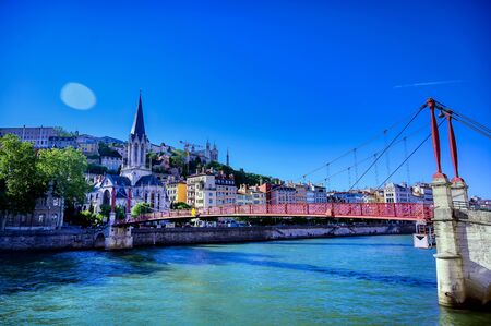 A view of Lyon, France along the Saone river in the afternoon.の写真素材