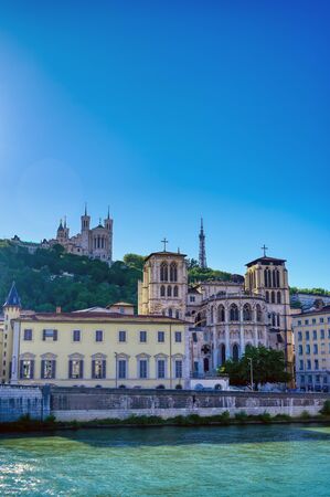 A view of Lyon, France along the Saone river in the afternoon.の写真素材