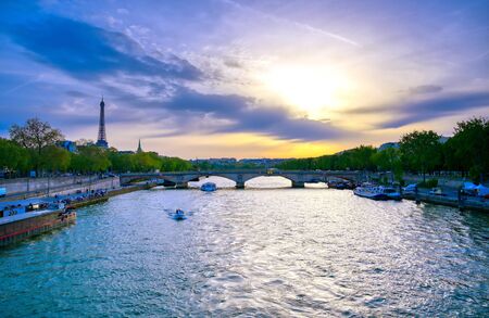 A view from the Pont Alexandre III bridge that spans the Seine River in Paris, Franceの写真素材